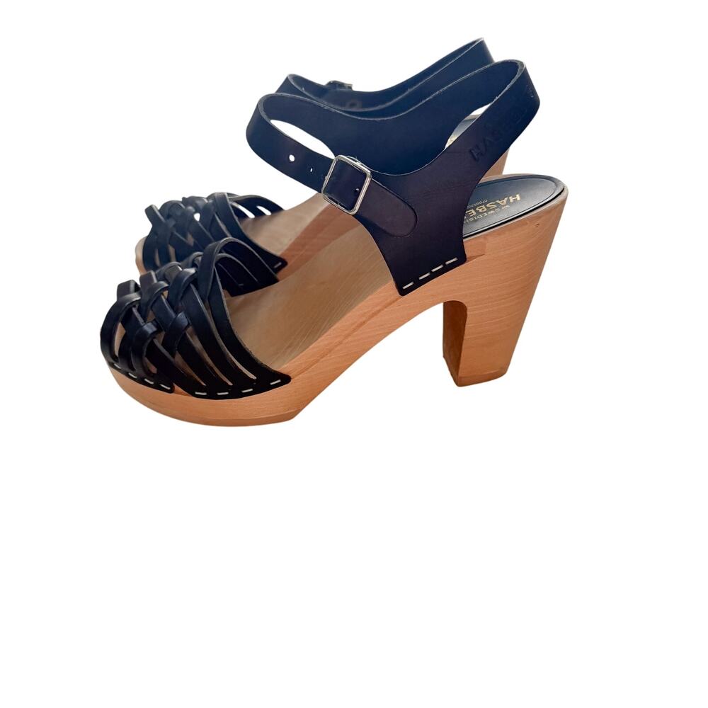 Swedish Hasbeens Woven Clog Sandals 36 US 6 Black Heeled Shoes Boho